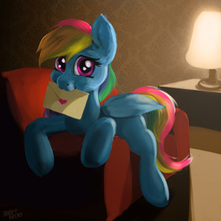 Size: 1200x1200 | Tagged: safe, artist:hardbrony, rainbow dash, pegasus, pony, g4, chair, cute, dashabetes, female, lamp, looking at you, love letter, mare, mouth hold, room, smiling, solo