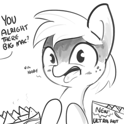 Size: 1080x1080 | Tagged: safe, artist:tjpones, big macintosh, earth pony, pony, g4, chips, dialogue, food, grayscale, male, monochrome, nachos, nope, offscreen character, open mouth, simple background, solo, spicy, sweat, this will end in pain, tongue out, white background