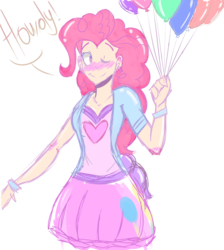 Size: 1600x1785 | Tagged: safe, artist:emily-diner, pinkie pie, equestria girls, g4, balloon, beautiful, blushing, bracelet, clothes, cute, female, human coloration, jewelry, moe, one eye closed, simple background, skirt, solo, transparent background, wink