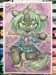 Size: 1536x2048 | Tagged: safe, artist:mosamosa_n, queen chrysalis, changeling, changeling queen, anthro, semi-anthro, g4, arm hooves, clothes, female, purple background, school uniform, schoolgirl, shinai, short hair, simple background, solo, sword, traditional art, watercolor painting, weapon, wooden sword