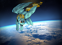 Size: 1512x1118 | Tagged: safe, artist:not-ordinary-pony, lightning dust, pegasus, pony, g4, earth, female, floating, mare, planet, solo, space