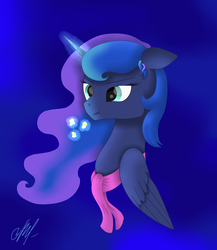 Size: 3340x3855 | Tagged: safe, artist:purplestar01, princess luna, alicorn, pony, g4, clothes, female, food, glowing horn, high res, horn, mare, popcorn, scarf, solo