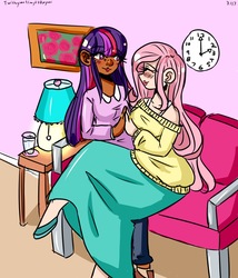 Size: 2400x2799 | Tagged: safe, artist:mylittleyuri, fluttershy, twilight sparkle, human, g4, clothes, dark skin, female, high res, humanized, lamp, lesbian, long skirt, looking at each other, off shoulder, ship:twishy, shipping, skirt, sweater, sweatershy