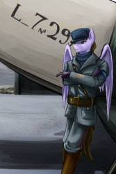 Size: 960x1440 | Tagged: safe, artist:d-lowell, oc, oc only, oc:thunder chaser, pegasus, anthro, air force, anthro oc, boots, cigarette, clothes, commission, gloves, hat, leaning, male, plane, smoking, stallion, uniform
