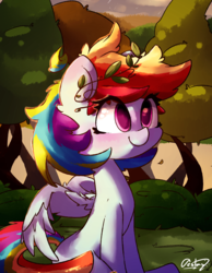 Size: 3479x4476 | Tagged: safe, artist:luxaestas, rainbow dash, pegasus, pony, g4, cute, dashabetes, female, forest, high res, hnnng, laurel wreath, leaf, mare, signature, sitting, smiling, solo