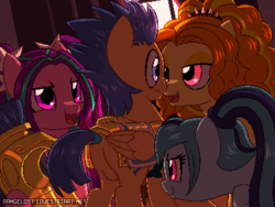 Size: 800x600 | Tagged: safe, artist:rangelost, adagio dazzle, aria blaze, flash sentry, sonata dusk, pegasus, pony, g4, balls, boop, butt, female, flash sentry gets all the dazzlings, flash sentry gets all the mares, flash sentry gets all the sirens, flash sentry gets all the waifus, imminent sex, male, noseboop, nudity, pixel art, plot, ponified, sentryass, ship:flashagio, shipping, straight, the dazzlings, this will end in snu snu