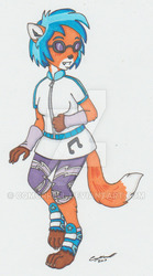 Size: 400x717 | Tagged: safe, artist:cqmorrell, dj pon-3, vinyl scratch, fox, anthro, equestria girls, g4, blushing, clothes, deviantart watermark, grin, human to anthro, obtrusive watermark, shoes, signature, simple background, smiling, sneakers, solo, torn clothes, traditional art, transformation, watermark, white background