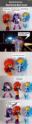 Size: 920x3538 | Tagged: safe, artist:whatthehell!?, derpibooru exclusive, edit, fluttershy, rainbow dash, sunset shimmer, twilight sparkle, equestria girls, g4, alcohol, arrested, beer, doll, equestria girls minis, implied lesbian, implied shipping, implied sunsetsparkle, irl, lust, parody, photo, police, suddenly lesbian, that escalated quickly, toy