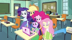 Size: 1100x618 | Tagged: safe, screencap, applejack, fluttershy, pinkie pie, rarity, twilight sparkle, equestria girls, g4, my little pony equestria girls, bedroom eyes, book, boot, bracelet, chair, chalkboard, classroom, clothes, computer, door, eyes closed, female, incomplete twilight strong, jewelry, pinkie pie laptop, raised leg, skirt, table, television