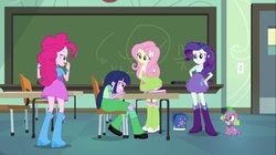 Size: 1100x618 | Tagged: safe, screencap, fluttershy, pinkie pie, rarity, spike, twilight sparkle, dog, equestria girls, g4, my little pony equestria girls, backpack, bedroom eyes, boots, bracelet, chair, chalkboard, classroom, clothes, door, hand on hip, high heel boots, incomplete twilight strong, jewelry, leg warmers, raised leg, skirt, socks, spike the dog, table