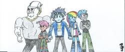 Size: 2338x979 | Tagged: safe, artist:triforce-treasure, bulk biceps, rainbow dash, scootaloo, soarin', thunderlane, equestria girls, g4, equestria girls-ified, traditional art