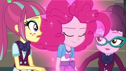 Size: 1100x618 | Tagged: safe, screencap, pinkie pie, sour sweet, varsity trim, equestria girls, g4, my little pony equestria girls: friendship games, bowtie, clothes, crystal prep academy uniform, eyes closed, freckles, glasses, school uniform, sparkles