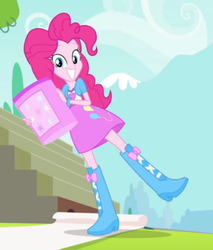 Size: 323x380 | Tagged: safe, screencap, pinkie pie, equestria girls, g4, my little pony equestria girls: rainbow rocks, pinkie on the one, balloon, banner, boots, bracelet, clothes, cute, diapinkes, grin, high heel boots, jewelry, mountain, raised leg, skirt, smiling