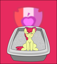 Size: 1065x1208 | Tagged: safe, artist:planetkiller, part of a set, apple bloom, earth pony, pony, g4, blushing, chest fluff, cutie mark, eyes closed, female, litter ponies, litterbox, sitting, solo, the cmc's cutie marks, why