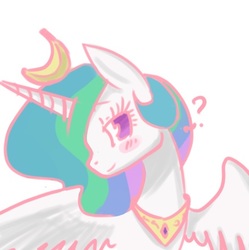 Size: 438x439 | Tagged: safe, artist:purrrfectartist, princess celestia, alicorn, pony, g4, banana, blushing, female, food, jewelry, looking at you, mare, peytral, simple background, spread wings, white background