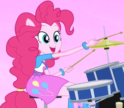 Size: 787x685 | Tagged: safe, screencap, pinkie pie, equestria girls, g4, rainbow rocks, balloon, better than ever, boots, bracelet, clothes, cymbals, drum kit, drums, drumsticks, hi-hat, high heel boots, jewelry, musical instrument, pink background, ponied up, pony ears, simple background, skirt