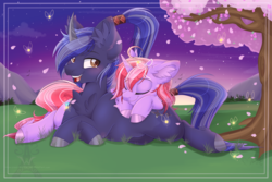 Size: 1024x683 | Tagged: safe, artist:pvrii, oc, oc only, firefly (insect), pony, unicorn, commission, cuddling, curved horn, duo, eyes closed, female, flower petals, grass field, male, mare, mountain, night, night sky, prone, resting, smiling, stallion, stars, sunset, tree
