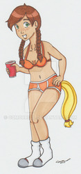 Size: 400x855 | Tagged: safe, artist:cqmorrell, part of a set, applejack, human, g4, alternate hair color, belly button, boxers, bra, braid, breasts, brown hair, clothes, cup, female, freckles, grin, hand on hip, humanized, natural hair color, orange underwear, red cup, signature, simple background, smiling, socks, solo, tailed humanization, traditional art, underwear, watermark, white background