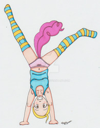 Size: 900x1151 | Tagged: safe, artist:cqmorrell, part of a set, pinkie pie, human, g4, alternate eye color, armpits, belly button, blonde, breasts, brown eyes, clothes, deviantart watermark, female, gravity-defying breasts, grin, handstand, humanized, looking at you, natural hair color, obtrusive watermark, panties, pink underwear, ribbon, signature, simple background, smiling, socks, solo, striped socks, tailed humanization, tank top, traditional art, underwear, upside down, watermark, white background