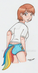 Size: 400x763 | Tagged: safe, artist:cqmorrell, part of a set, rainbow dash, human, g4, blue underwear, breasts, brown eyes, brown hair, clothes, cutie mark underwear, deviantart watermark, female, freckles, humanized, natural eye color, natural hair color, obtrusive watermark, open mouth, open smile, panties, rear view, shirt, signature, simple background, smiling, solo, tailed humanization, traditional art, underwear, watermark, white background