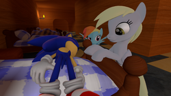 Size: 1366x768 | Tagged: safe, artist:migueruchan, derpy hooves, rainbow dash, pegasus, pony, g4, 3d, crossover, female, gmod, male, mare, sonic the hedgehog, sonic the hedgehog (series)