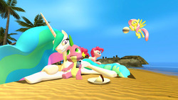 Size: 1366x768 | Tagged: safe, artist:migueruchan, fluttershy, pinkie pie, princess celestia, spike, alicorn, pony, g4, 3d, cake, female, food, gmod, male, mare, ship:spikelestia, shipping, straight, volleyball
