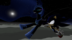 Size: 1366x768 | Tagged: safe, artist:migueruchan, nightmare moon, g4, 3d, crossover, dark sonic, gmod, male, sonic the hedgehog, sonic the hedgehog (series)