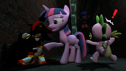 Size: 1366x768 | Tagged: safe, artist:migueruchan, spike, twilight sparkle, alicorn, pony, g4, 3d, crossover, gmod, male, metal sonic, shadow the hedgehog, sonic the hedgehog, sonic the hedgehog (series), twilight sparkle (alicorn)
