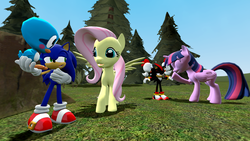 Size: 1366x768 | Tagged: safe, artist:migueruchan, fluttershy, twilight sparkle, alicorn, pony, g4, 3d, clucky, crossover, flicky, gmod, male, shadow the hedgehog, sonic the hedgehog, sonic the hedgehog (series), twilight sparkle (alicorn)