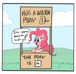 Size: 721x701 | Tagged: safe, artist:firenhooves, pinkie pie, earth pony, pony, g4, blushing, booth, charlie brown, chest fluff, cute, dialogue, diapinkes, ear fluff, female, happy, heart eyes, hug, lucy van pelt, lucy's advice booth, mare, open mouth, peanuts, reference, sale, shut up and take my money, sign, smiling, solo, warm, wingding eyes