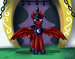 Size: 1950x1550 | Tagged: safe, artist:jack-pie, oc, oc only, alicorn, pony, alicorn oc, commission, door, gate, helmet, male, night guard, serious, serious face, signature, solo, spread wings, stallion
