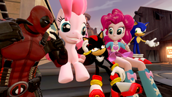 Size: 1366x768 | Tagged: safe, artist:migueruchan, pinkie pie, human, pony, equestria girls, g4, 3d, boots, bracelet, clothes, crossover, deadpool, gmod, high heel boots, human counterpart, human ponidox, jewelry, male, pony counterpart, self ponidox, shadow the hedgehog, shoes, skirt, skirt lift, sneakers, sonic the hedgehog, sonic the hedgehog (series), square crossover