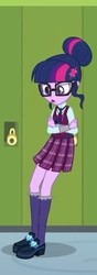 Size: 168x480 | Tagged: safe, screencap, sci-twi, twilight sparkle, equestria girls, g4, my little pony equestria girls: friendship games, clothes, cropped, crossed arms, crystal prep academy uniform, female, glasses, lockers, magic capture device, sad, school uniform, shoes, skirt, socks, solo