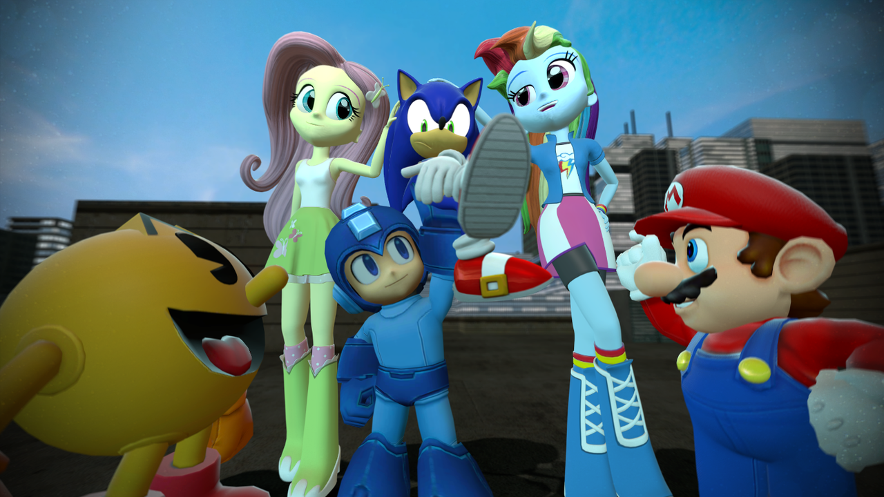 1395437 - safe, artist:migueruchan, fluttershy, rainbow dash, equestria  girls, g4, 3d, boots, clothes, compression shorts, crossover, gmod, hand on  hip, high heel boots, male, mario, mega man (series), nintendo, pac-man,  rainbow socks,