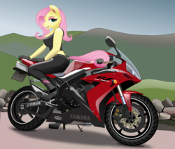 Size: 2353x2000 | Tagged: safe, artist:phucknuckl, fluttershy, anthro, plantigrade anthro, g4, biker chick, boots, breasts, busty fluttershy, clothes, eyeshadow, female, gloves, high res, inkscape, leather pants, makeup, motorcycle, solo, vector, yamaha