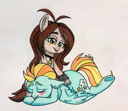 Size: 2140x1856 | Tagged: safe, artist:ameliacostanza, lightning dust, pony, g4, blushing, commission, crossover, eyes closed, laura kinney, marvel, massage, ponified, traditional art
