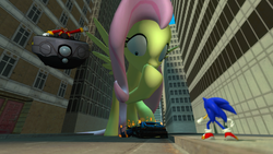 Size: 1366x768 | Tagged: safe, artist:migueruchan, fluttershy, pony, g4, 3d, crossover, doctor eggman, giant pony, gmod, macro, male, sonic the hedgehog, sonic the hedgehog (series)