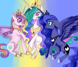 Size: 850x736 | Tagged: safe, artist:glenray35, princess cadance, princess celestia, princess luna, alicorn, pony, g4, alicorn triarchy, crossover, female, floppy ears, jewelry, looking at each other, mare, peytral, raised hoof, simple background, sitting, spread wings