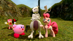 Size: 1366x768 | Tagged: safe, artist:migueruchan, pinkie pie, mew, mewtwo, puffball, g4, 3d, amy rose, crossover, gmod, kirby, kirby (series), male, nintendo, pokémon, shadow the hedgehog, sonic the hedgehog, sonic the hedgehog (series)