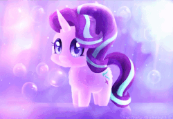 Size: 600x415 | Tagged: safe, artist:starchasesketches, starlight glimmer, pony, unicorn, g4, abstract background, animated, big eyes, blushing, bubble, chibi, cinemagraph, cute, female, flowing mane, fluffy, gif, glimmerbetes, glowing, hnnng, inspired, looking up, mare, smiling, solo