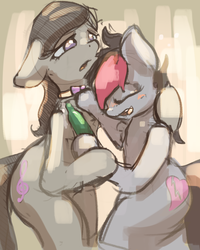 Size: 2400x3000 | Tagged: safe, artist:ruby, octavia melody, oc, oc:miss eri, pony, g4, alcohol, bipedal, black and red mane, blushing, bottle, drunk, drunktavia, high res, two toned mane
