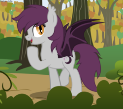 Size: 5126x4577 | Tagged: safe, artist:asika-aida, oc, oc only, oc:nightlight, bat pony, pony, absurd resolution, art trade, female, forest, mare, open mouth, raised hoof, slit pupils, smiling, solo, spread wings, tree