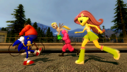 Size: 1366x768 | Tagged: safe, artist:migueruchan, derpy hooves, fluttershy, equestria girls, g4, 3d, boots, breasts, clothes, crossover, doc louis, female, gmod, high heel boots, little mac (punch-out!!), male, meme, nigga stole my bike, polka dot socks, punch-out!!, raised leg, running, sega, shoes, skirt, sneakers, socks, sonic the hedgehog, sonic the hedgehog (series), square crossover