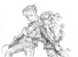 Size: 1400x1021 | Tagged: safe, artist:baron engel, flash sentry, sunset shimmer, equestria girls, g4, back to back, breasts, cleavage, clothes, duo, electric guitar, female, flying v, grayscale, guitar, jacket, male, monochrome, musical instrument, pencil drawing, simple background, sketch, smiling, traditional art, white background