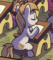 Size: 692x775 | Tagged: safe, artist:tonyfleecs, idw, official comic, scootaloo, earth pony, pony, from the shadows, g4, spoiler:comic, spoiler:comic52, cropped, cutie mark, disturbing cutie mark, foal, implied ponies eating meat, name suggestion in the comments, sitting, unnamed character, unnamed pony, unsettling cutie mark