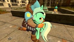 Size: 1366x768 | Tagged: safe, artist:migueruchan, lyra heartstrings, chao, g4, 3d, cheese chao, cream the rabbit, crossover, gmod, sniper, sniper (tf2), sonic the hedgehog (series), team fortress 2, that pony sure does love humans