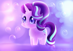 Size: 1793x1253 | Tagged: safe, artist:starchasesketches, starlight glimmer, pony, unicorn, g4, abstract background, big eyes, blushing, bubble, chibi, cute, female, fluffy, glimmerbetes, glowing, hnnng, inspired, looking up, mare, smiling, solo