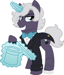 Size: 602x700 | Tagged: safe, artist:tambelon, oc, oc only, oc:parlor tricks, pony, unicorn, bowtie, clothes, hat, magic, male, solo, stallion, suit, wand, watermark