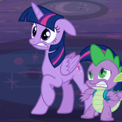 Size: 489x489 | Tagged: safe, screencap, spike, twilight sparkle, alicorn, dragon, pony, g4, the cutie re-mark, animated, duo, ears back, female, frown, gif, gritted teeth, male, mare, open mouth, raised hoof, scared, surprised, twilight sparkle (alicorn), worried
