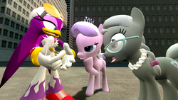 Size: 1366x768 | Tagged: safe, artist:migueruchan, diamond tiara, silver spoon, g4, 3d, crossover, gmod, male, miles "tails" prower, sonic the hedgehog (series), wave the swallow